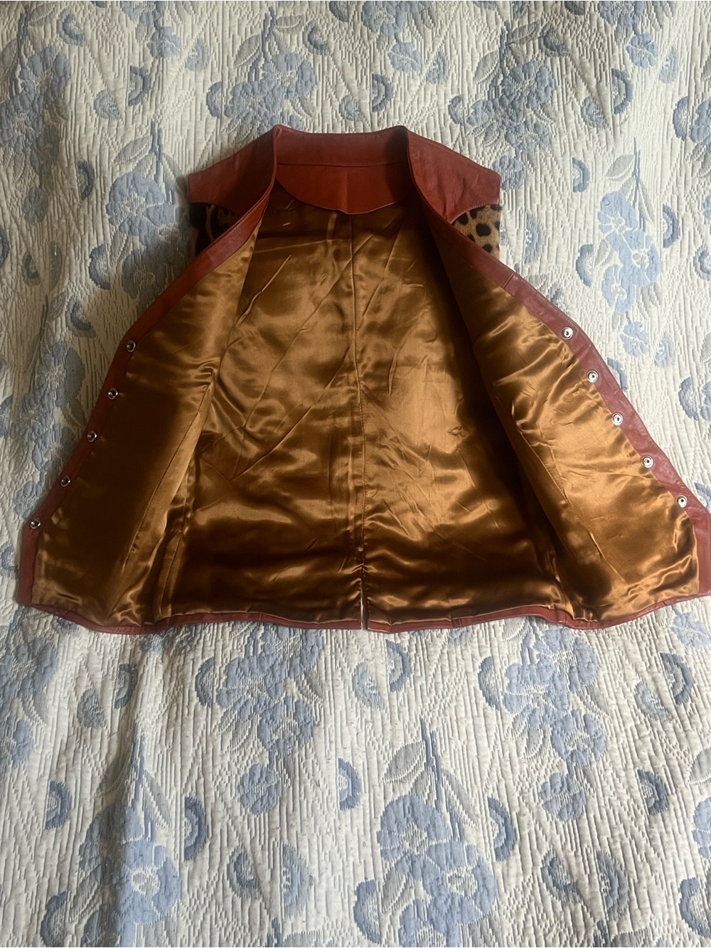 Leather-Trim Leopard Print Fur Vest - Brown/Black/Burnt Orange - Picture 3 of 9